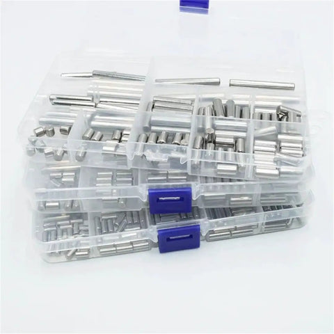 Beefy Heavy Duty Stainless Steel Dowel Pin Assortment Set for Shelves and Closets in transparent organizer box