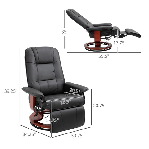 Swivel Recliner Chair With Retractable Footrest In PU Leather On Wood Base Lounge Chair dimensions and adjustable features