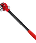 Pro Grade Ratchet Pipe Threader Kit With Six Dies One Quarter Inch Through One And A Quarter Inch Ergonomic Long Handle, shown with handle and threaded head.