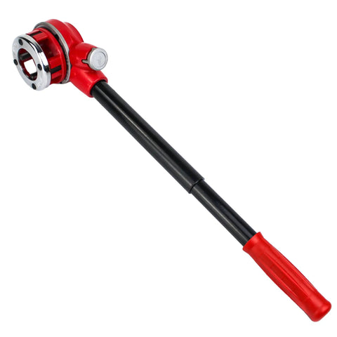 Pro Grade Ratchet Pipe Threader Kit With Six Dies One Quarter Inch Through One And A Quarter Inch Ergonomic Long Handle, shown with handle and threaded head.