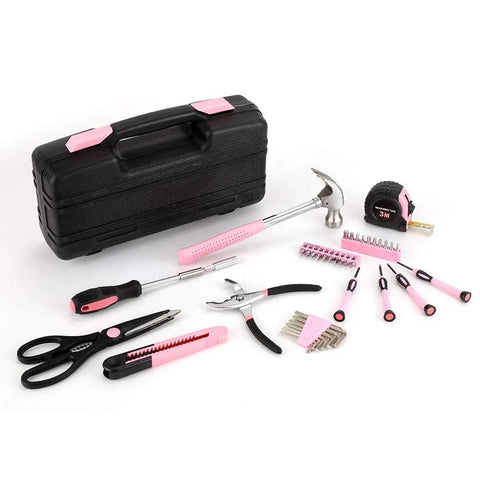 39 Piece General Tool Set With Pink Portable Toolbox Storage Case, Durable Chrome Finished Steel Tools With TPR Grips, ANSI Standard, Ideal For Home Repairs, DIY Projects, And Everyday Fixes