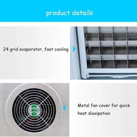 Portable Countertop Ice Maker Dropping Fresh Cubes Fast with a Clear Viewing Window showing 24 grid evaporator and fan cover.