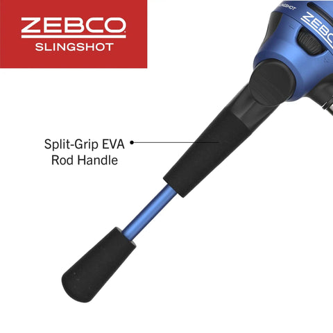 Close-up of split-grip EVA handle on Slingshot Spincast Reel And Rod Combo For Grab And Go Anglers, 5 Foot 6 Inch Two Piece Fiberglass Rod