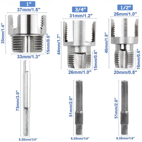 Heavy Duty Three Piece Pipe Thread Kit with No Fuss Dual Function Internal and External Threading for PVC and Plastic Pipes
