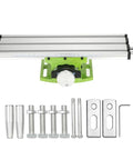 12.2 Inch Mini Milling Machine Worktable With X Y Compound Slide for drilling press, green base, and assembly parts displayed.