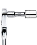 Heavy Duty Four Piece Three Eighths Inch Drive Extension Bar Set With One And Three Quarter Inch, Three, Six And Eight Inch Lengths Detent Ball Dual Grease Rings Non Slip Grip Chrome Vanadium And Chromoly Steel Socket Extenders For Deep Reach, showing side view on wrench head.