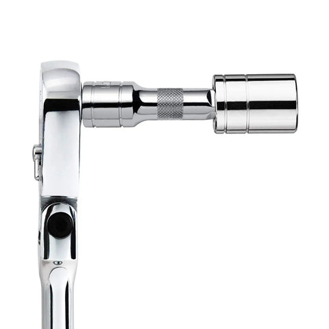 Heavy Duty Four Piece Three Eighths Inch Drive Extension Bar Set With One And Three Quarter Inch, Three, Six And Eight Inch Lengths Detent Ball Dual Grease Rings Non Slip Grip Chrome Vanadium And Chromoly Steel Socket Extenders For Deep Reach, showing side view on wrench head.