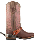 Western boot with Tooled Edge Spur Straps For Ladies With White Accent Stitching Adjustable Leather Straps With Stainless Steel Buckle