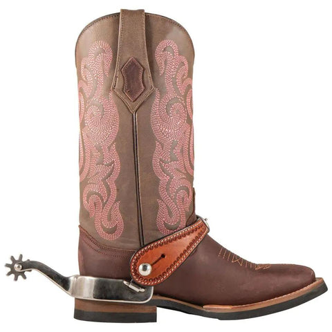 Western boot with Tooled Edge Spur Straps For Ladies With White Accent Stitching Adjustable Leather Straps With Stainless Steel Buckle