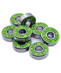 8 Piece Set 608RS ABEC-11 Shielded Bearings For Skateboard And Scooter, 2RS Waterproof Rustproof Coated Miniature Roller Bearings Kit For Street-Ready, Ultra Smooth Rides And Heavy Load Performance. 608RS green shielded bearings shown stacked