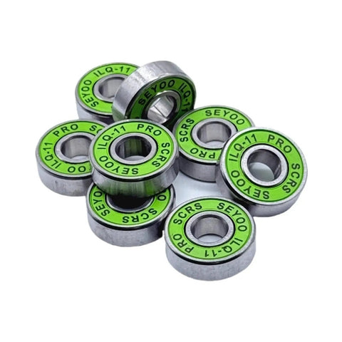 8 Piece Set 608RS ABEC-11 Shielded Bearings For Skateboard And Scooter, 2RS Waterproof Rustproof Coated Miniature Roller Bearings Kit For Street-Ready, Ultra Smooth Rides And Heavy Load Performance. 608RS green shielded bearings shown stacked