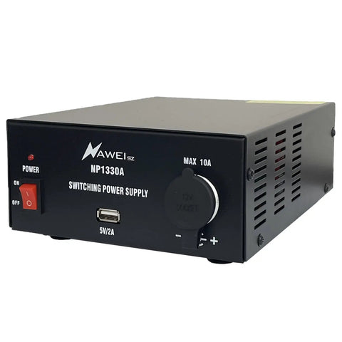 Beefy 13.8V 30A DC Power Supply with Cigarette Plug Socket, showing front panel with USB port and power switch