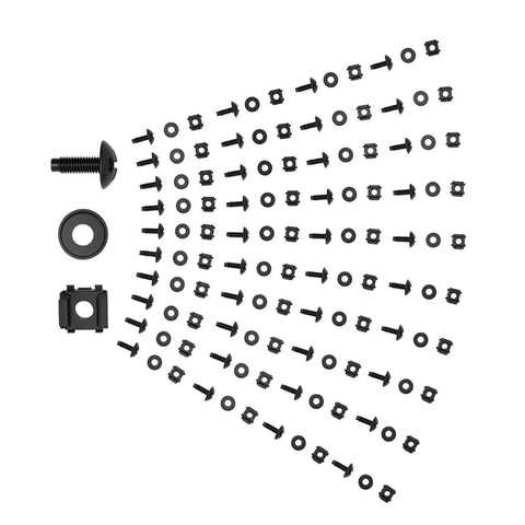 Rock Solid Heavy Duty 50 Pack Rack Mount Screws And Cage Nuts Kit With Washers for server cabinets, 50 black coated carbon steel fasteners.