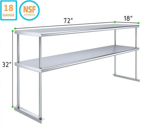 Heavy Duty Stainless Steel Double Overshelf For Commercial Prep Tables Certified Top Shelf Kitchen Storage Rack Connector For 18 By 72 Inch Workstations With No Sweat Setup