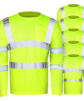 Six Pack XL High Visibility Reflective Long Sleeve Safety Shirts In Yellow Breathable Unisex Work Gear With Front Pocket