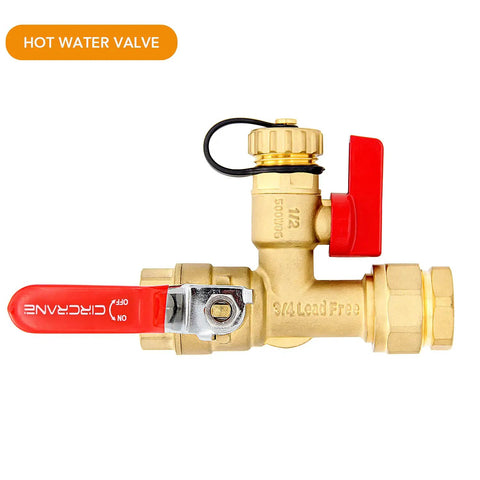 Three Quarters Inch IPS Tankless Water Heater Isolation Valve Kit with red handle and lead-free brass for hot water