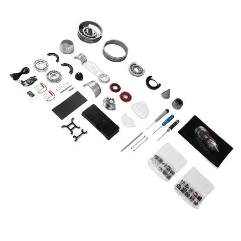 Aircraft Turbofan Engine Model Kit in Aluminum And Zinc Alloy 1 To 12 Scale parts laid out for assembly.