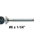 Six X One Point Four Inch Bugle Head Drywall Screws For Metal Studs With Phillips Drive And Self Drilling Tip Zinc Coated Rust Resistant Interior Built Tough Hassle Free Quick Install 235 Count - close-up of screw showing bugle head and self-drilling tip.