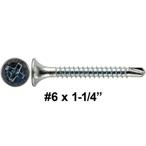 Six X One Point Four Inch Bugle Head Drywall Screws For Metal Studs With Phillips Drive And Self Drilling Tip Zinc Coated Rust Resistant Interior Built Tough Hassle Free Quick Install 235 Count - close-up of screw showing bugle head and self-drilling tip.