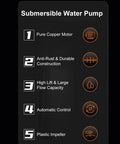 Submersible Water Pump features: Pure Copper Motor, Durable Construction, High Flow Capacity & Plastic Impeller.