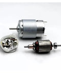 Rock Solid 385 Series DC Electric Motor 12V 18V 24V Multi Volt components including rotor and stator for industrial use.