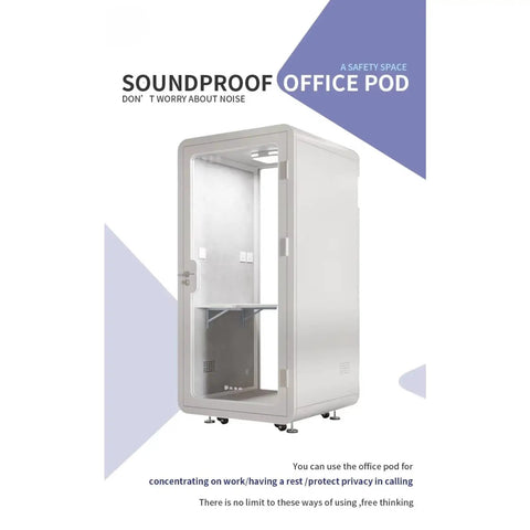 Portable One To Two Person Soundproof Office Pod With Thick Acoustic Panels And Whisper Quiet Ventilation featuring built-in desk and smooth wheels.