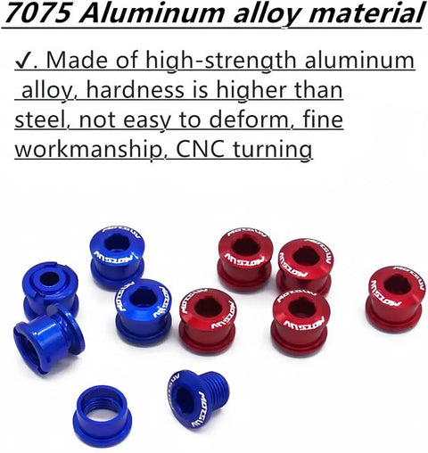 Beefy 7075 T651 Chainring Bolts Kit For Road And MTB, CNC Machined Precision, red and blue aluminum bolts with text description
