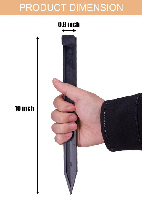 Hand holding 10 inch stake showing dimensions for 12 Pack Landscape Edging Spikes, 10 Inch Garden Stakes For Paver Edging And Weed Barriers