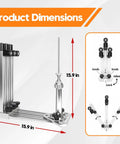 Dimensions of 360 Degree Wheel Truing Stand for Bike Repair and Spoke Lacing, adjustable rotating design shown.