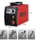 Rugged 110V 220V Stick Welder With 140 Amp Arc Output IGBT Inverter Digital LCD Display Hot Start Arc Force Anti Stick High Efficiency displayed with dimensions and accessories