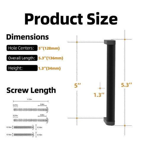 Matte Black Cabinet Pulls Set 10 Pack With Knurled Handles 5 Inch Hole Centers dimensions and screw length chart