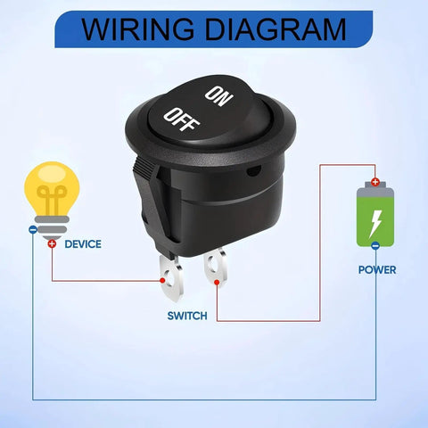 Diagram of 12V Round Rocker Switch On Off SPST Prewired 2 Pin DC Power Toggle for connection in car, boat, RV panel