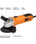 Powerful 6 Amp Angle Grinder Kit 4-1/2 Inch 11,000 RPM Metal Cutter with Quick Change Guard, showing components and handle.