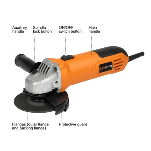 Powerful 6 Amp Angle Grinder Kit 4-1/2 Inch 11,000 RPM Metal Cutter with Quick Change Guard, showing components and handle.
