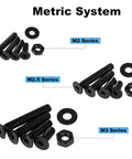 900 Piece Flat Head Hex Socket Cap Screws Kit With Nuts Washers And Hex Wrench M2 M2.5 M3 Fully Threaded Allen Machine Screws 10.9 Grade Alloy Steel Black Oxide Finish Built Tough kit showing M2, M2.5, and M3 series screws, nuts, and washers.