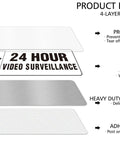 24 Hour Video Surveillance Sign 9x3 Inch aluminum silver with adhesive and UV printed layers shown in cutaway view