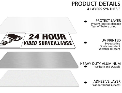 24 Hour Video Surveillance Sign 9x3 Inch aluminum silver with adhesive and UV printed layers shown in cutaway view
