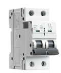 Two Pole 6kA Breaking Capacity MCB DIN Rail Mini Circuit Breaker 6A To 63A AC Type Factory Direct Manufacturer 50A With Dual Protection Against Short Circuit And Overload Snap On Mount For Fast Easy Control Panel Installation Industrial Grade, white two-pole DIN rail breaker