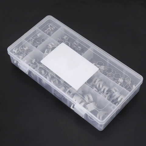 Genuine 304 Stainless Steel Spring Hose Clamps For Fuel Lines And Air Vacuum Pipes. Super Tough Anti Rust Silver Clips Fit 6.5 To 18mm Engine Bays And Petrol Hoses For Quick Repair Jobs And Heavy Duty Auto Work Today, in plastic organizer box