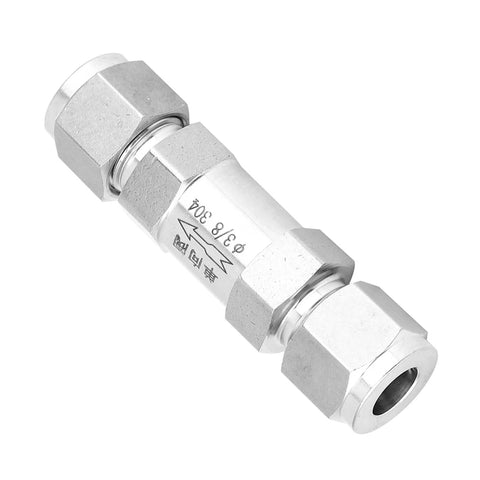 Front view of stainless steel inline check valve with BSPP female threads, 3/8 inch