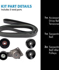 Serpentine Belt Set With Tensioner, Belt, And Idler Pulleys For 07-08 Ford/08 Lincoln models, parts displayed on white background
