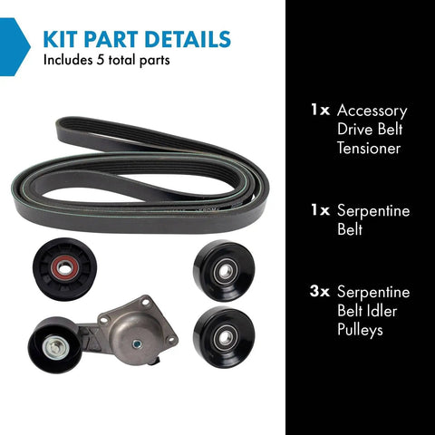 Serpentine Belt Set With Tensioner, Belt, And Idler Pulleys For 07-08 Ford/08 Lincoln models, parts displayed on white background