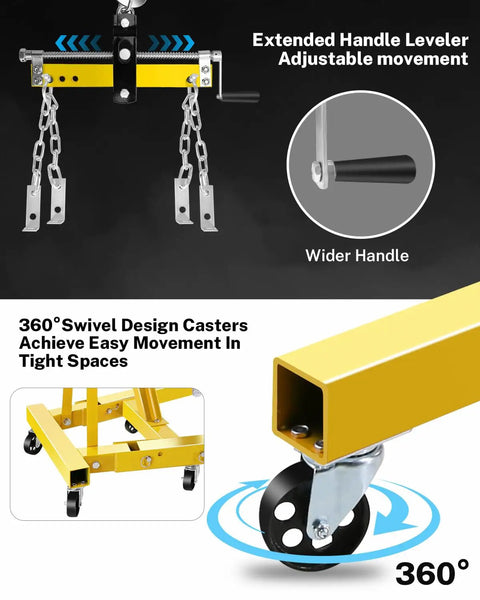 Heavy-Duty 2 Ton Hydraulic Engine Hoist And Cherry Picker Crane showing adjustable handle, chains, and 360° swivel casters.