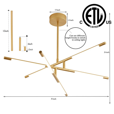 6 Light Gold Sputnik Flush Mount Chandelier Led Ceiling Light Dimmable 4000K Modern Mid Century Vibe For Kitchen Island Easy Install Pluggable Lighting With High Quality Metal And Acrylic dimensions