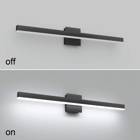 Top view of 31.5 Inch Black LED Vanity Light 26W Modern Wall Mount For Bathroom, 6000K White, 2400 Lumens, off and on display.