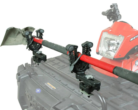 FlexGrip Pro Mounting Rack for gun, bow, ice augers and tools on ATV displaying secure, rock-solid stability installation.