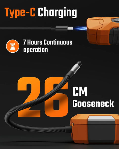 Refrigerant Leak Detector For HVAC With Halogen Ionization Sensor, Detects R134a CFCs HCFCs HFCs, Fast Response And High Sensitivity, 3 Sensitivity Levels, Built In Fan For Negative Pressure, Pro Grade Orange, 26 cm gooseneck and Type-C charging