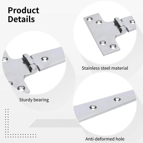 Heavy Duty 8 Inch T Hinges 2 Pack Stainless Steel Marine Grade Door Hinges close-up showing material and hole details