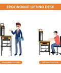 Illustration of ergonomic lifting desk showing standing and sitting positions for improved posture.