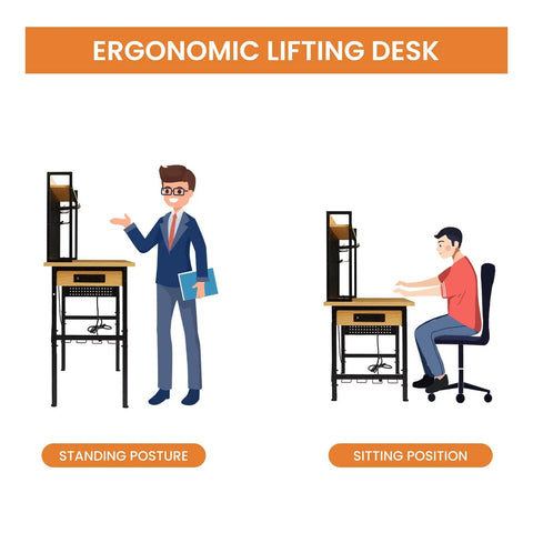 Illustration of ergonomic lifting desk showing standing and sitting positions for improved posture.